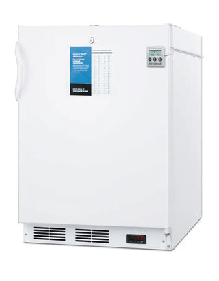 Accucold VT65MLMEDADA 24" Wide All-Freezer ADA Compliant with NIST Calibrated Temperature Alarm, -25°C Capable, 3.2 cu.ft., White freezer with a blue label on a white background