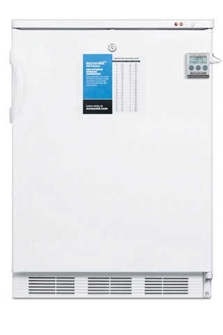Accucold VT65MLPLUS2 24" Wide All-Freezer ADA Compliant with NIST Calibrated Thermometer and Front Lock, 3.2 cu.ft., White freezer with a blue label on a white background