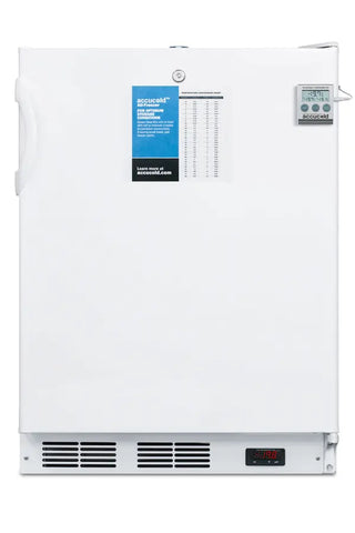 Accucold VT65MLPLUS2ADA 24" Wide All-Freezer ADA Compliant with NIST Calibrated Thermometer and Front Lock, 3.2 cu.ft. White industrial freezer with a blue label on a white background