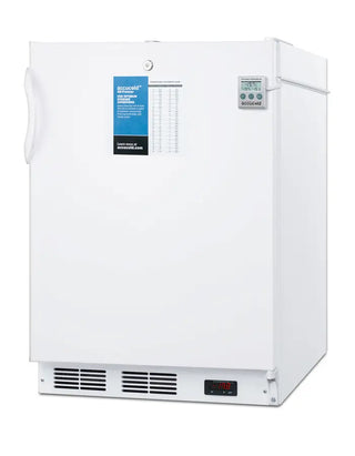 Accucold VT65MLPLUS2ADA 24" Wide All-Freezer ADA Compliant with NIST Calibrated Thermometer and Front Lock, 3.2 cu.ft. White freezer with a blue label on a white background