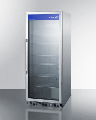 Commercially approved glass door pharmacy  refrigerator with Accucold logo on a white background
