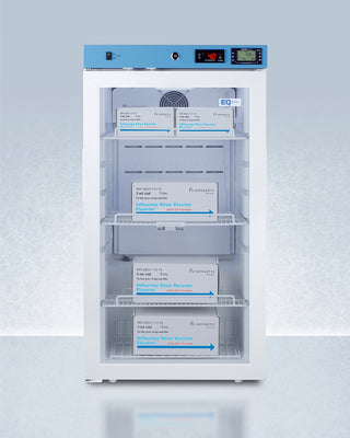White Accucold ACR32GLHD medical refrigerator with shelves and boxes on a light gray background