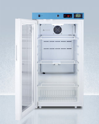 White Accucold ACR32GLHD refrigerator with open door on a light gray background
