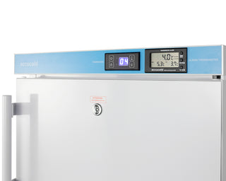 Stainless steel Accucold ACR45LMC 20" MOMCUBE® Breast Milk refrigerator with digital temperature display on a white background