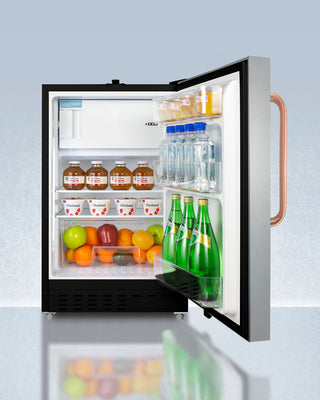 Accucold ADA302BRFZSSTBC 21" Small refrigerator with open door displaying drinks and fruits on a light gray background