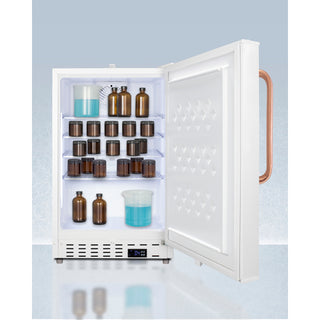White commercial Accucold refrigerator with open door displaying various bottles on a light gray background