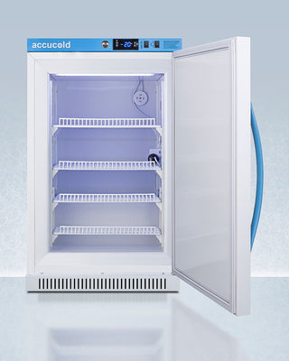 Accucold  pharma vaccine freezer with open door on a light blue background