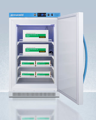 Accucold pharma vaccine freezer with open door displaying medical supplies on shelves against a light blue background