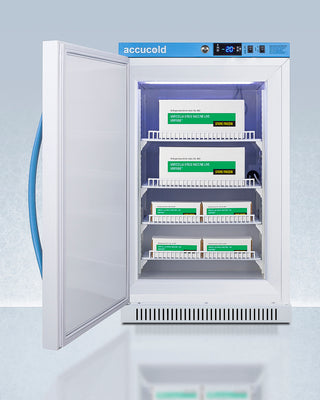Accucold vaccine freezer with open door displaying vaccine boxes inside.