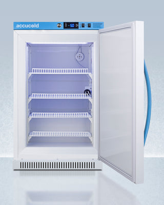 Accucold AFZ2PVBIADAMC MOMCUBE Breast Milk Freezer with open door on a light blue background