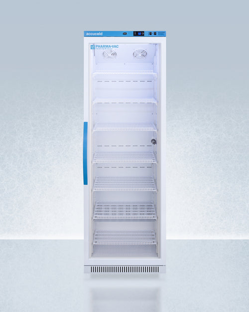 Commercial Accucold ARG15PV Upright Vaccine Refrigerator with glass door on a white background