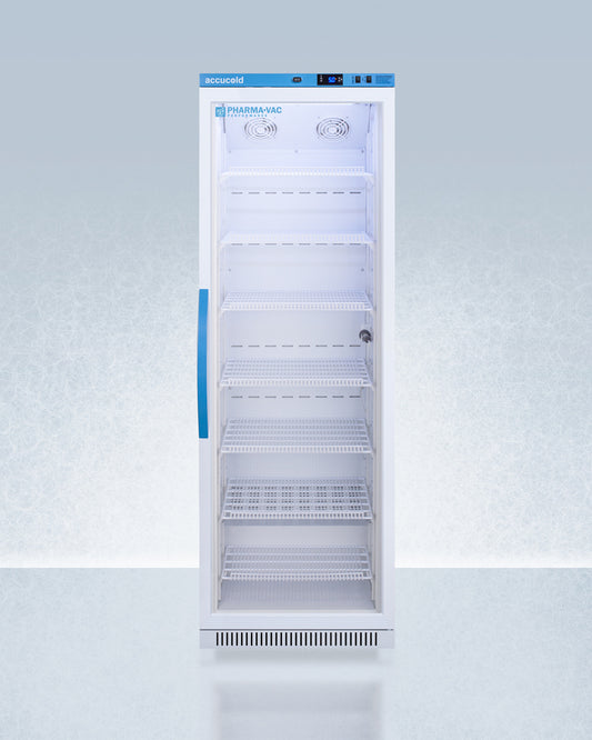 Commercial Accucold ARG15PV Upright Vaccine Refrigerator with glass door on a white background