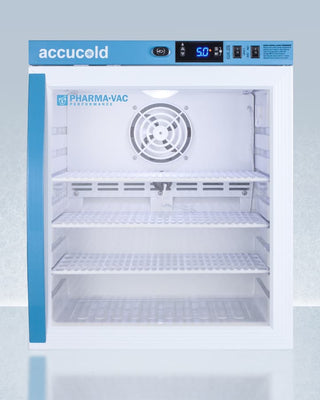 Accucold Accucold ARG1PV refrigerator with Pharma-Vac branding on a light blue background