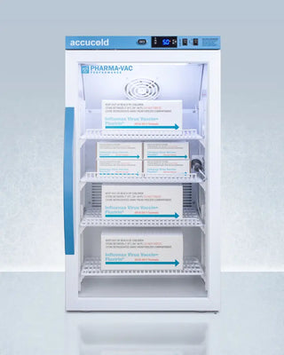 Pharma-Vac Accucold refrigerator with labeled shelves on a gray background