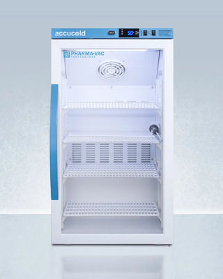 Cold storage Vaccine Refrigerator with Accucold branding on a light blue background