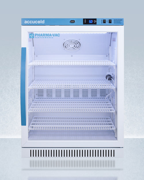 Pharma-Vac Accucold ARG6PV ADA Height Vaccine Refrigerator with digital display on a light blue background