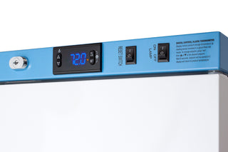 Temperature control panel with digital display on a white background Accucold ARS12PV-CRT 