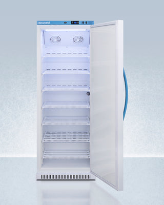 Commercial vaccine refrigerator with open door on a light gray background