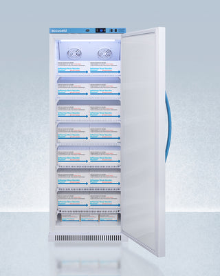 Accucold ARS12PV456 Refrigerator with open door displaying labeled compartments on a light blue background