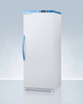 White Accucold ARS12PV456 Upright Vaccine Refrigerator with blue handle on a light gray background