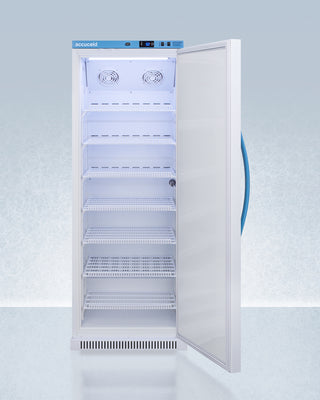Commercial accucold refrigerator with open door on a light blue background