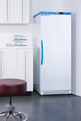 White medical refrigerator with blue accents in a clinical setting