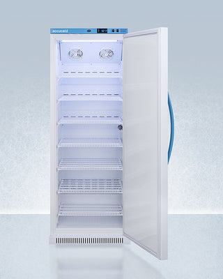 Commercial vaccine refrigeratorwith open door on a light blue background