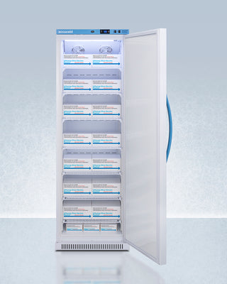 Refrigerator with open door displaying labeled shelves on a light blue background