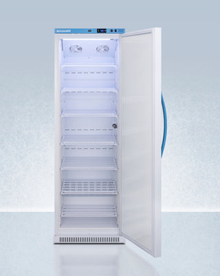 Commercial Accucold ARS15PV-CRT refrigerator with open door on a light gray background