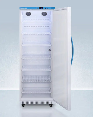 Upright Pharmacy Vaccine Refrigerator  with open door on a light blue background