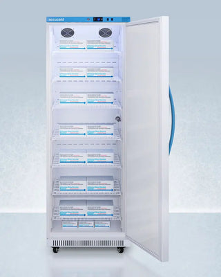 Commercial medical vaccine refrigerator with open door displaying shelves on a light blue background