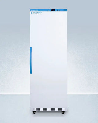 White Upright Pharmacy Vaccine Refrigerator with blue accents on a light gray background