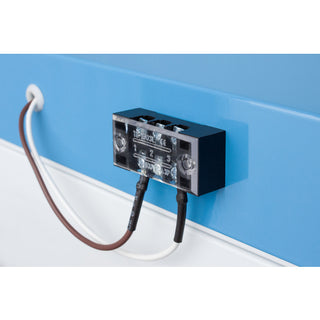 Electrical junction box with wires against a blue and white background