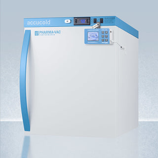 White refrigerator with blue accents and Accucold branding on a light gray background