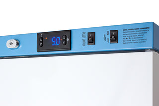 Blue electronic device with digital display on a white background