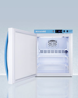 Accucold ARS2PVLHD vaccine refrigerator with open door on a light gray background