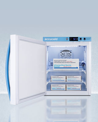 Accucold ARS2PVLHD lab refrigerator with vaccines inside on a light gray background