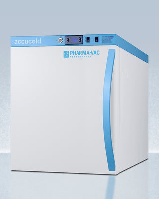 White and blue ARS2PVLHD refrigerator with 'accucold' and 'Pharma-Vac' branding on a light gray background