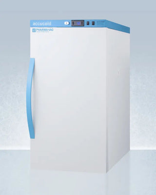 White medical Accucold ARS3PV Vaccine Refrigerator with blue accents and Accucold branding on a light blue background