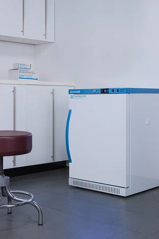 White Accucold ARS6PV Medical Refrigerator with blue accents in a laboratory setting
