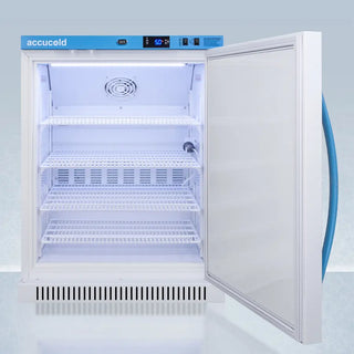 Empty Vaccine Refrigerator with open door labeled 'accucold' on a light blue background