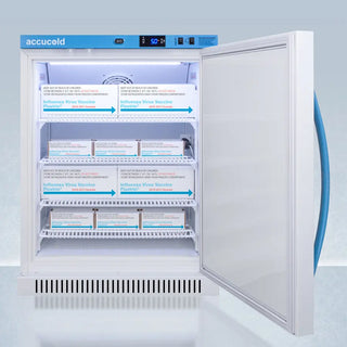 Accucold pharmacy vaccine refrigerator with open door displaying medical supplies on a light blue background