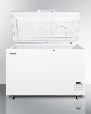 White Accucold EL31LT Medical Chest Freezer with open door on a gray background