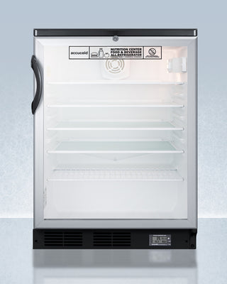 Commercially approved glass door refrigerator with black handle on a light blue background, Accucold SCR600BGLNZ 