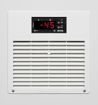 Accucold EL51LT commercial chest medical freezer -White air conditioning unit with digital display on a light gray background