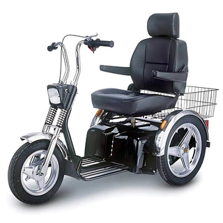 Black Afikim Afiscooter SE Standard 3-wheel mobility scooter with rear basket on white background