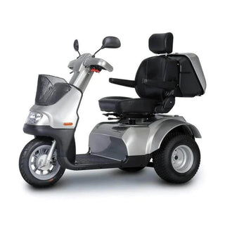 Afikim Afiscooter C3 Standard grey 3-wheel mobility scooter with black orthopedic seat and front basket on white background