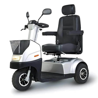 Afikim Afiscooter FTC3577 C3 Standard 3-wheel mobility scooter with silver body, black orthopedic seat and front basket on white background