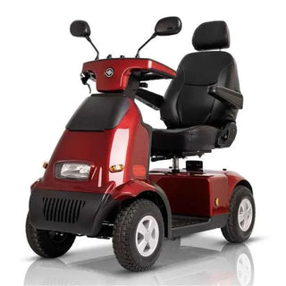 Red Afikim Afiscooter C4 Standard 4-wheel mobility scooter with black seat on white background