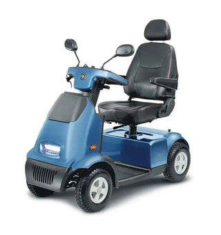 Blue Afikim Afiscooter C4 Standard 4-wheel mobility scooter with black seat on white background